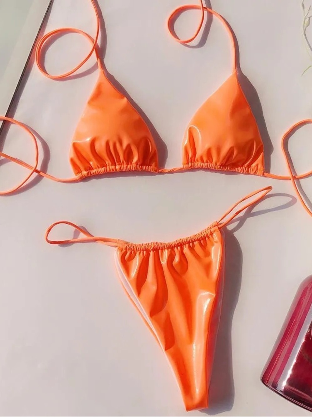 Orange Faux Leather Bikini Set Size Small